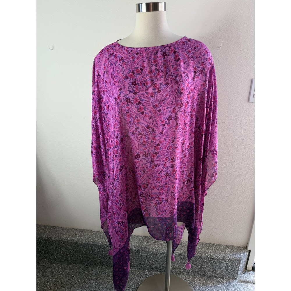 J Jill Womens Plus XL-3X Pink Purple Paisley Tassel Handkerchief Hem Poncho Top